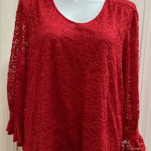 New Red crocheted lace yoke hem sleeves shirt